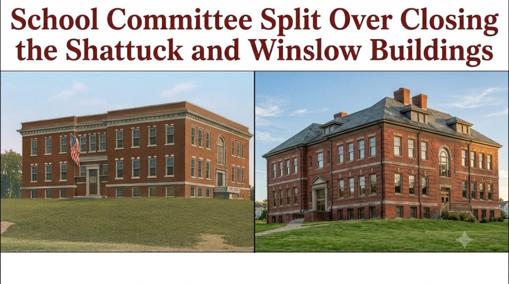 A split image showcasing two historic school buildings: the Shattuck Building on the left with an American flag, and the Winslow Building on the right, both surrounded by grassy areas.