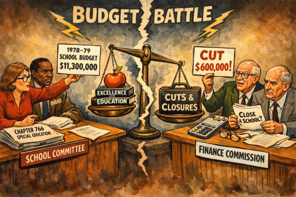 An illustrated depiction of a budget debate titled 'Budget Battle,' featuring a school committee on the left with a woman holding a sign indicating a school budget of $11,300,000 and discussing special education, while on the right, the finance commission debates a proposed cut of $600,000 and possible school closures. The central scale balances 'Excellence in Education' against 'Cuts & Closures.'
