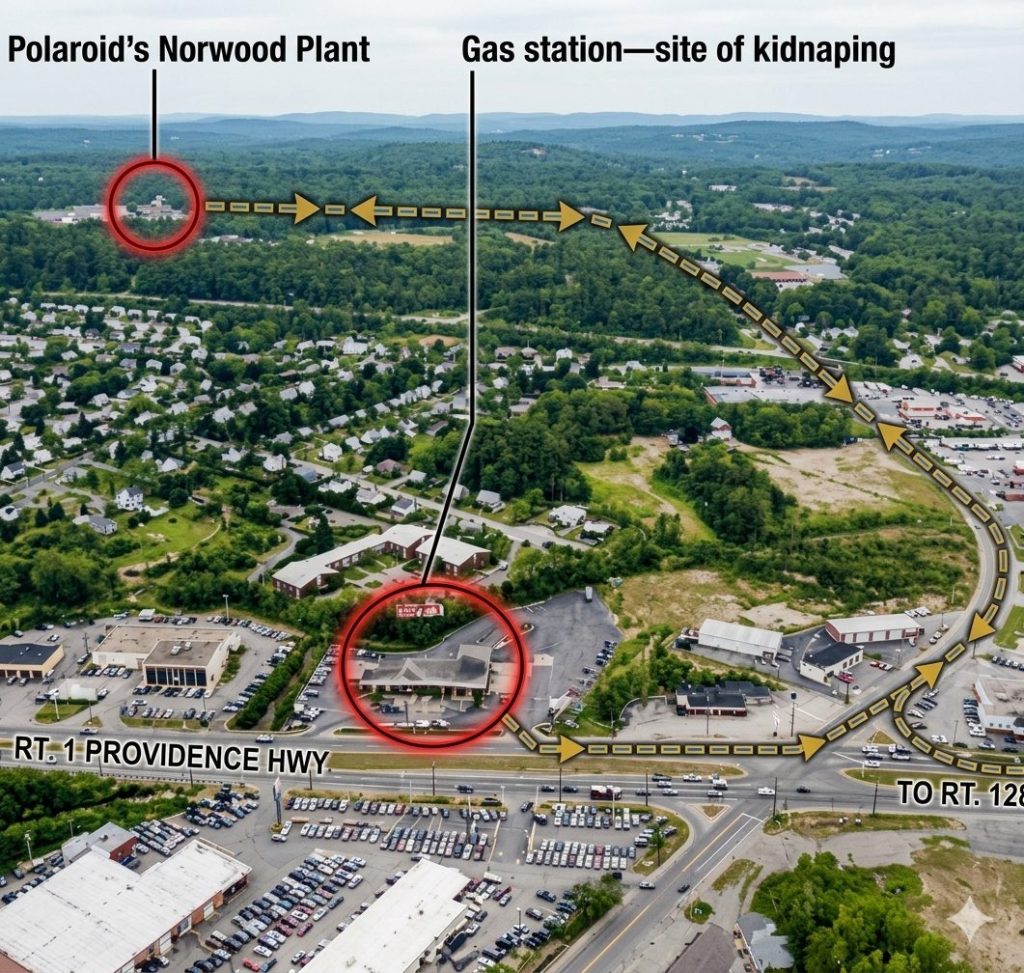 Aerial map showing Polaroid's Norwood Plant and a gas station marked as the site of a kidnapping, with directional arrows and nearby streets labeled.