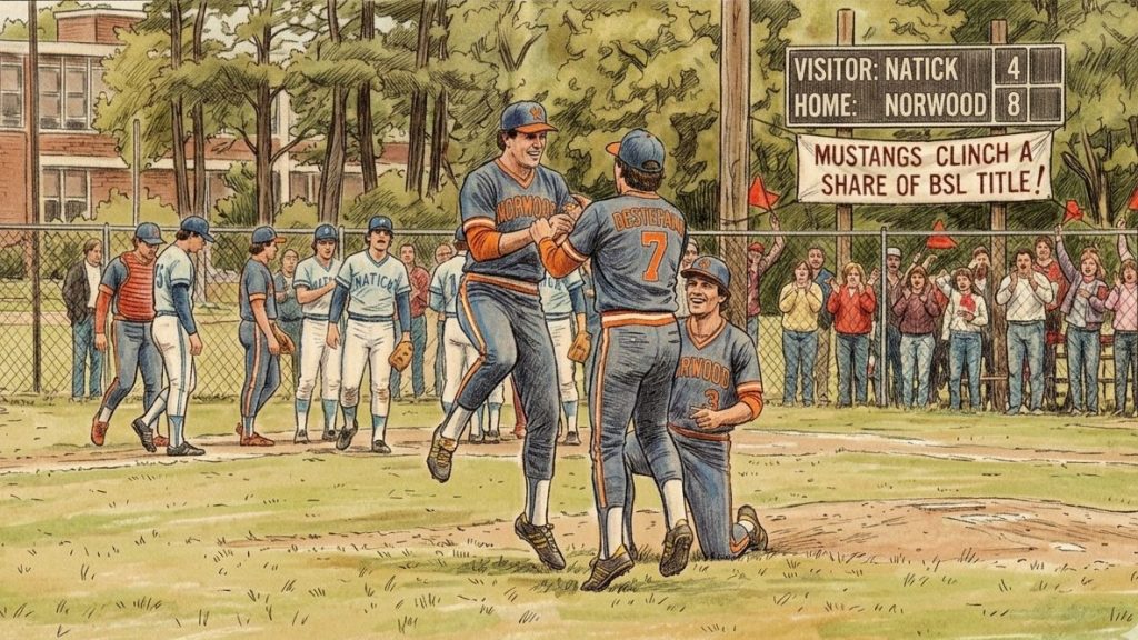 Baseball players celebrating a victory on the field, with a scoreboard displaying Natick 4, Norwood 8. Spectators cheering in the background.