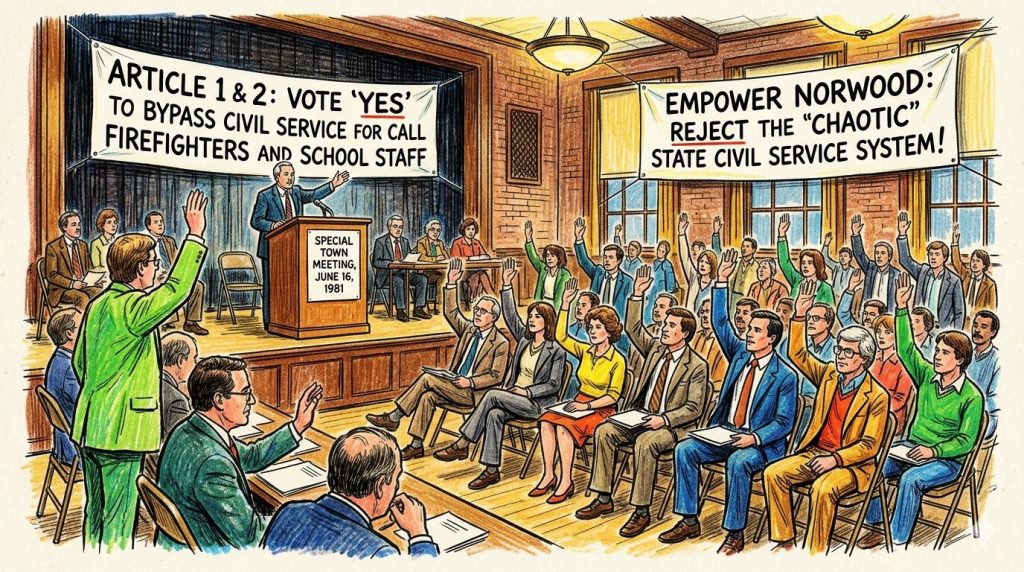 Illustration of a town meeting where citizens are raising their hands to vote on bypassing civil service for firefighters and school staff, with a speaker at a podium addressing the audience, and banners displaying messages about the state civil service system.