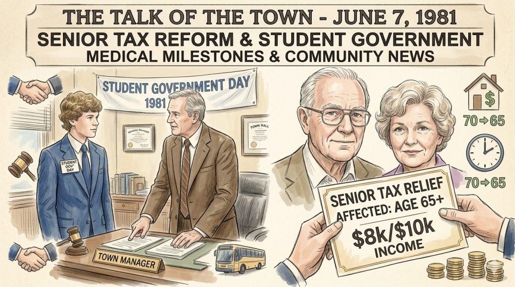 Illustration depicting a town manager discussing senior tax reform with a student during Student Government Day in 1981, highlighting tax relief for seniors aged 65 and older, with details on income thresholds.