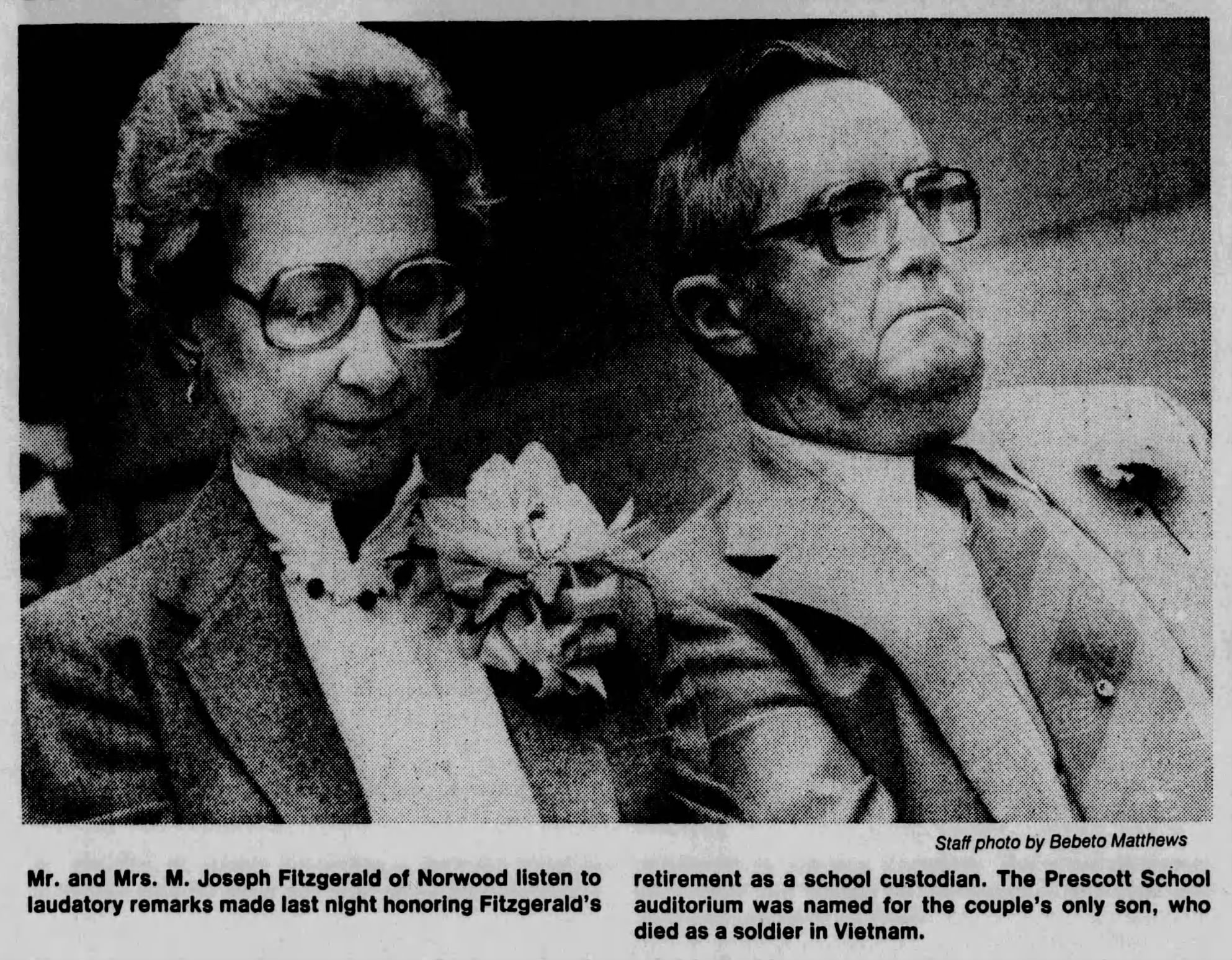 Norwood Honors Retiring Senior Custodian M. Joseph Fitzgerald and Dedicates Prescott School Auditorium in Memory of His Late Son-October 14, 1982