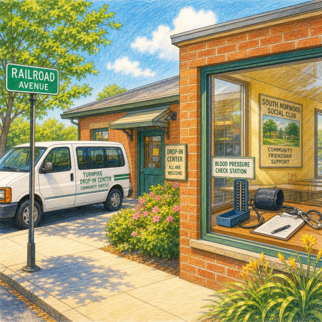 An illustration of a community drop-in center with a sign that reads Railroad Avenue. A community shuttle van is parked nearby, and a window displays a blood pressure check station and information about the South Norwood Social Club.