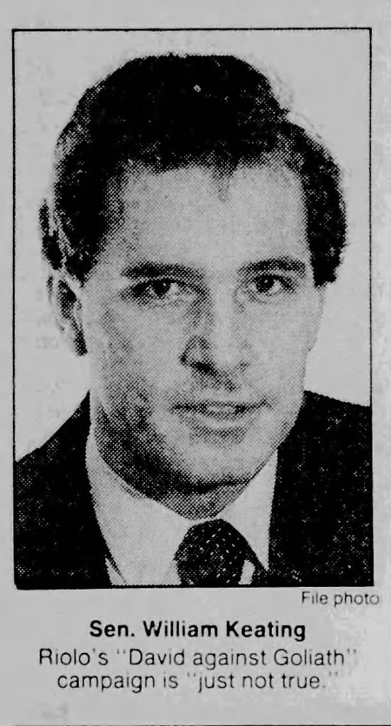 Headshot of Sen. William Keating with a brief description of his statement regarding Riolo's campaign.