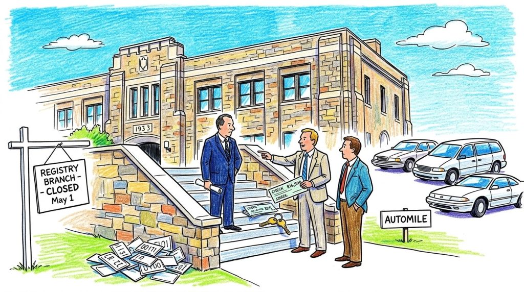 An illustration of three men outside a closed registry office, discussing a check. The building shows the year '1933' and a sign indicating the branch is closed. Nearby, several cars are parked and there is a sign for 'AUTOMILE.'