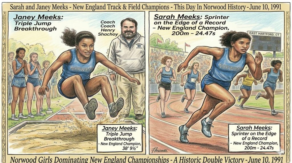Illustration of Janey Meeks performing a triple jump, with a coach in the background. Text highlights her achievement as New England Champion with a jump of 38' 9".