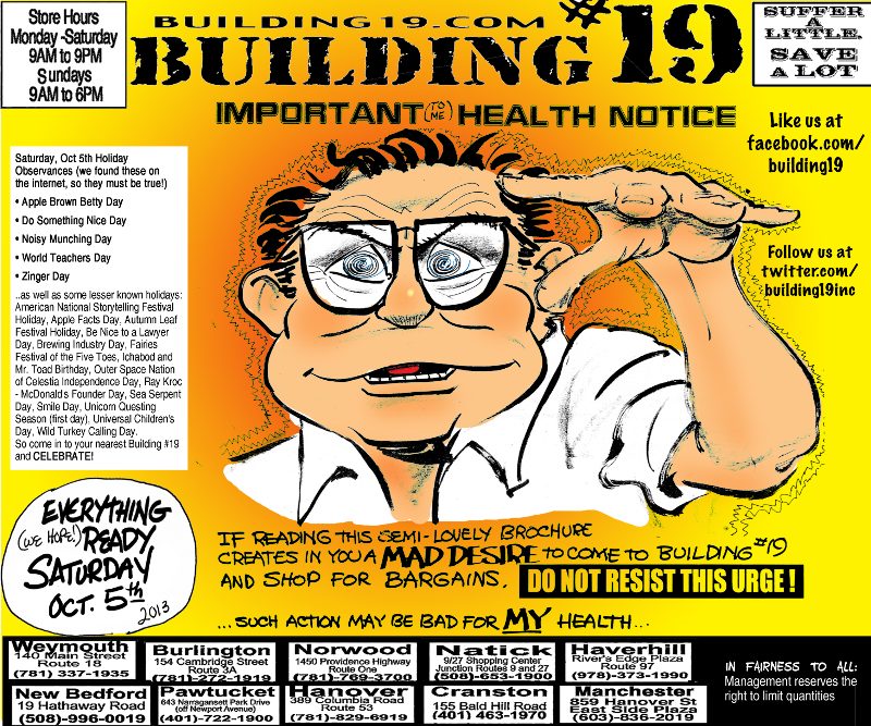 Promotional flyer for Building #19 featuring a cartoon character with glasses making a 'salute' gesture. The flyer includes details about store hours, holiday observances, and encourages customers to shop for bargains on specific dates.