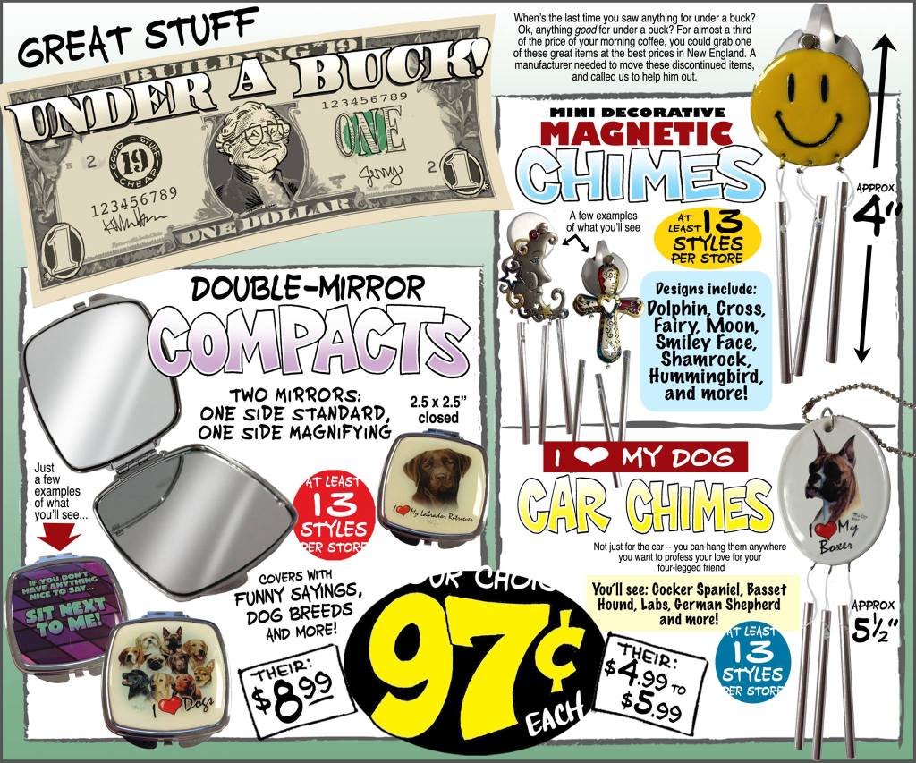 Promotional advertisement featuring various products priced under one dollar, including double-mirror compacts, decorative magnetic chimes, and dog-themed car chimes.