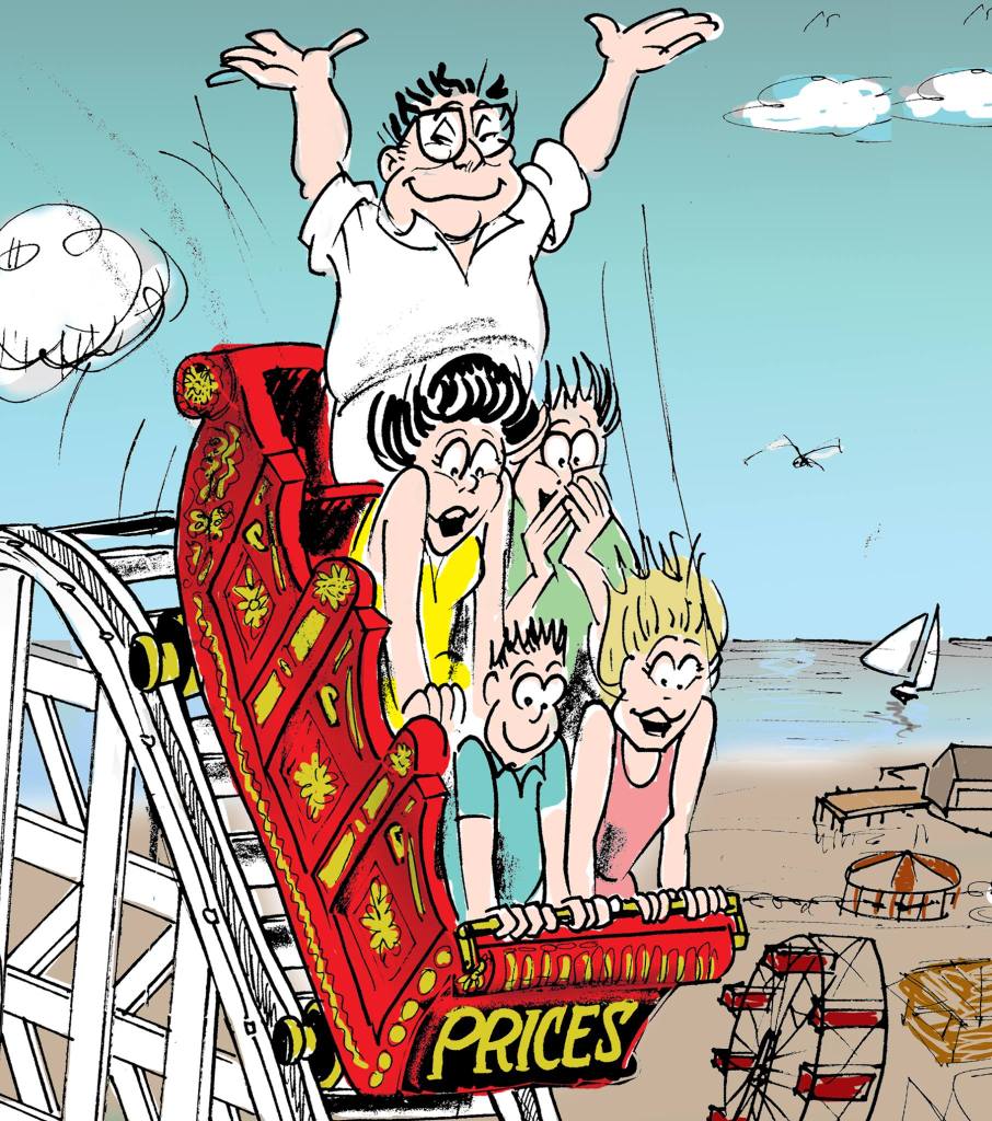 A cartoon illustration of five characters on a roller coaster, with one character joyfully raising their arms and the others displaying various expressions of excitement and surprise. The scene is set against a beach backdrop with a ferris wheel and sailboats in the distance.