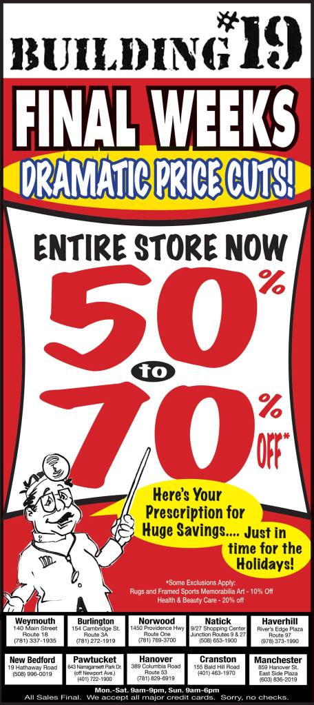 Promotional advertisement for Building #19 featuring a large discount announcement, stating '50 to 70% off' on the entire store with additional details about store locations and special exclusions.