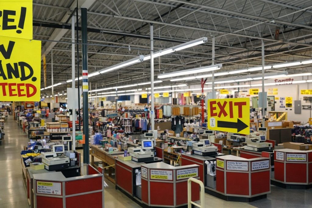 A view of a large retail store's interior, featuring numerous checkout counters and aisles filled with merchandise. Bright signs displaying promotions and an 'EXIT' sign can be seen in the foreground.