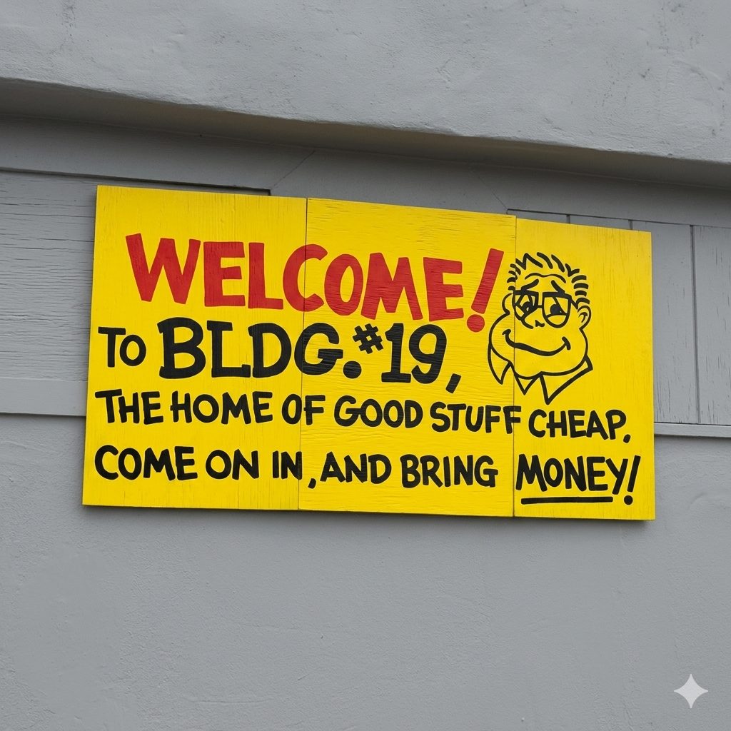 A bright yellow sign welcoming customers to BLDG #19, advertising it as 'the home of good stuff cheap' and encouraging visitors to bring money.