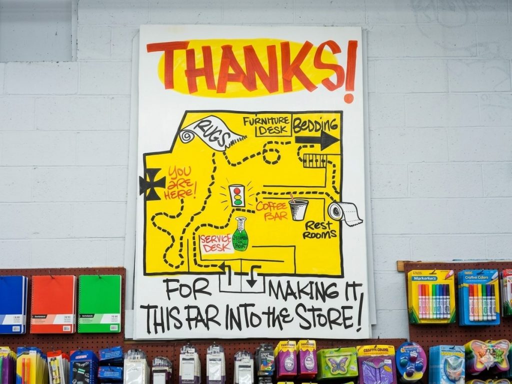 A colorful store map with 'THANKS!' at the top, showing different sections like rugs, bedding, and a coffee bar, along with 'You are here' and directions to various locations, placed above a display of colorful stationery items.