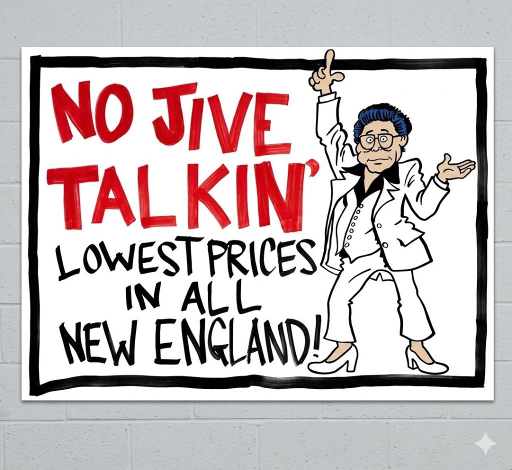 A colorful hand-drawn sign with the text 'NO JIVE TALKIN' LOWEST PRICES IN ALL NEW ENGLAND!' featuring a cartoon character in a white suit with blue hair and glasses, striking a playful pose.