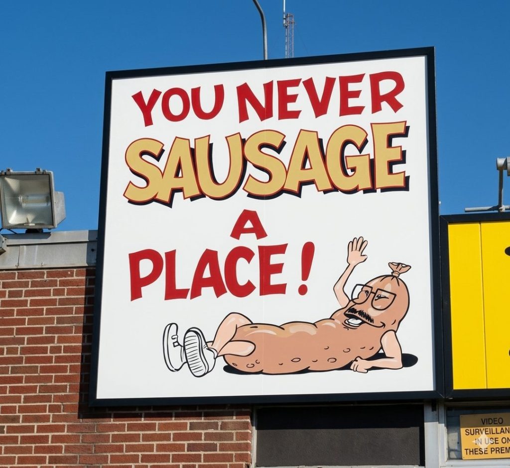 A humorous sign featuring a cartoon sausage character relaxing and waving, with the text 'YOU NEVER SAUSAGE A PLACE!' displayed prominently.