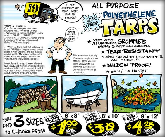 Promotional flyer for polyethylene tarps featuring a cartoonish design, showcasing various sizes and prices. Highlights include features like rust-proof grommets, tear resistance, and mildew proofing.