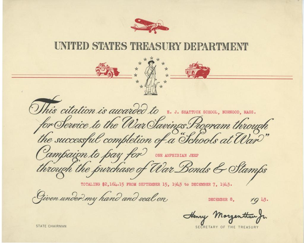 1943 Treasury Department Citation Awarded To the E.J. Shattuck