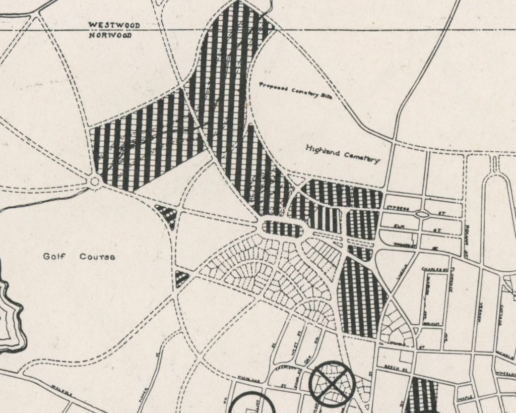 A historical map showing a layout of a neighborhood with designations for a golf course and Highland Cemetery, including proposed cemetery sites marked with black and white stripes.