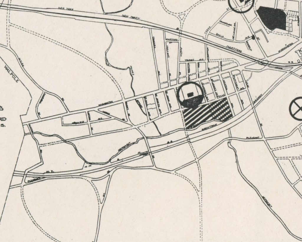 Black and white illustration of a map showing streets, neighborhoods, and landmarks with labeled areas.