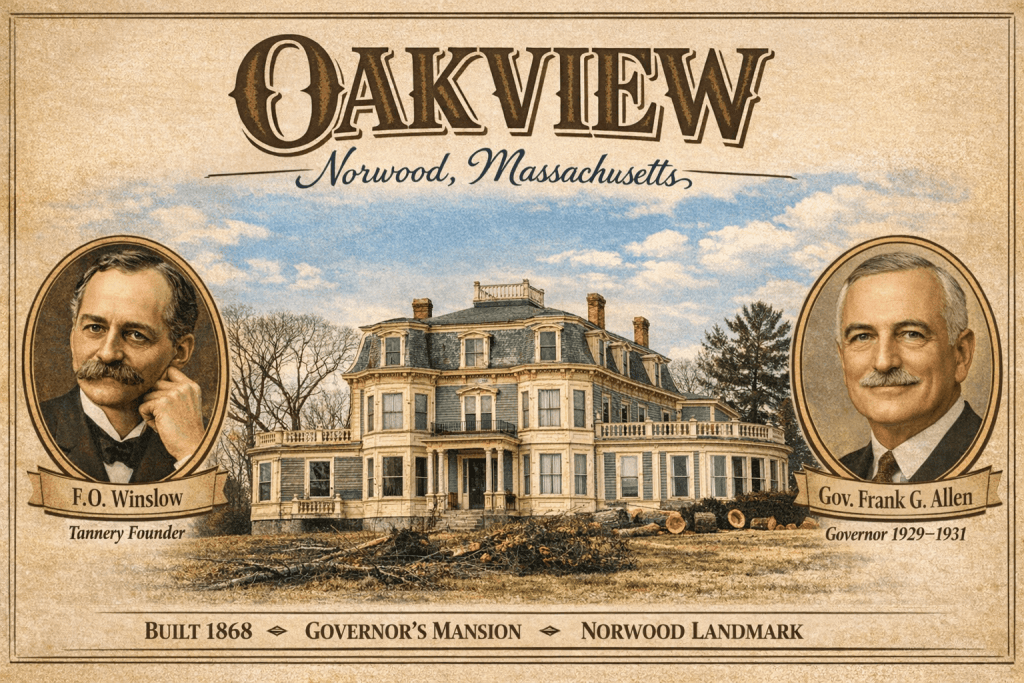Oakview mansion in Norwood, Massachusetts, built in 1868, featuring portraits of F.O. Winslow, the tannery founder, and Governor Frank G. Allen, who served from 1929 to 1931.
