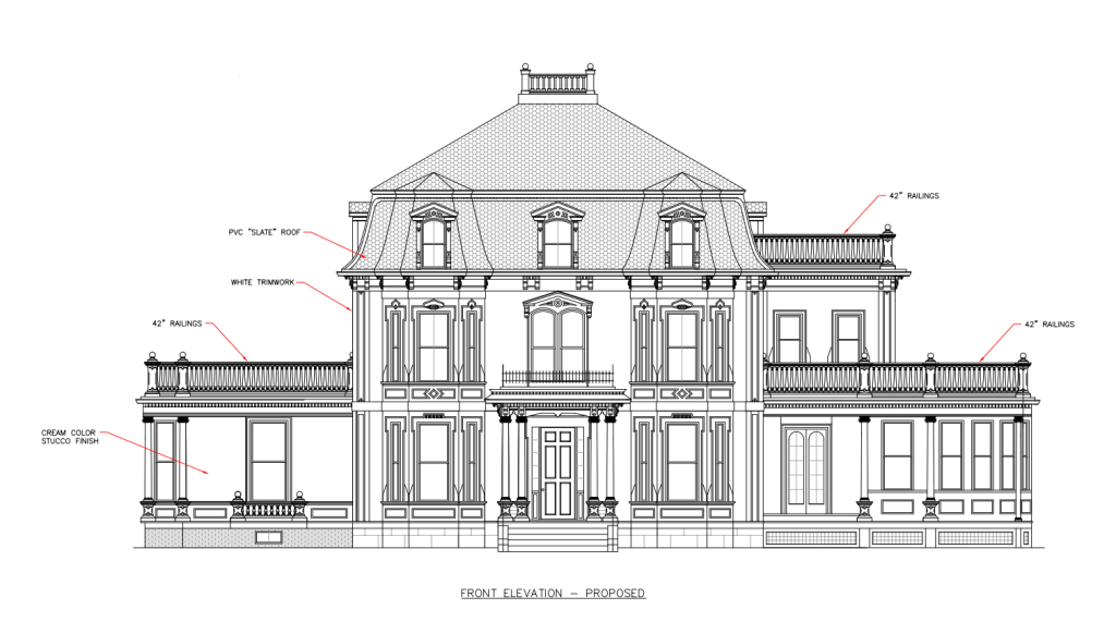Architectural front elevation drawing of a proposed house featuring a PVC slate roof, white trim, and cream-colored stucco finish, with details labeled for 42" railings.