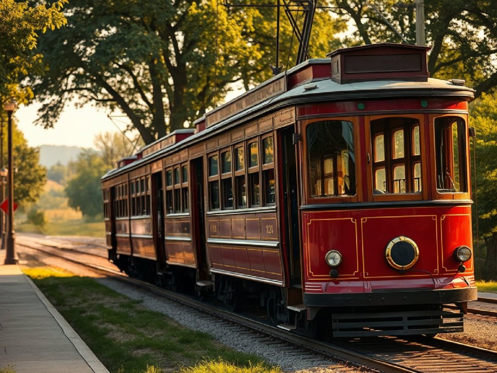 A vintage red streetcar is parked on the tracks, surrounded by trees and greenery, with a clear sky in the background.