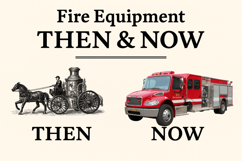 A comparison of historical and modern fire equipment, featuring a horse-drawn fire engine labeled 'THEN' on the left and a contemporary fire truck labeled 'NOW' on the right.