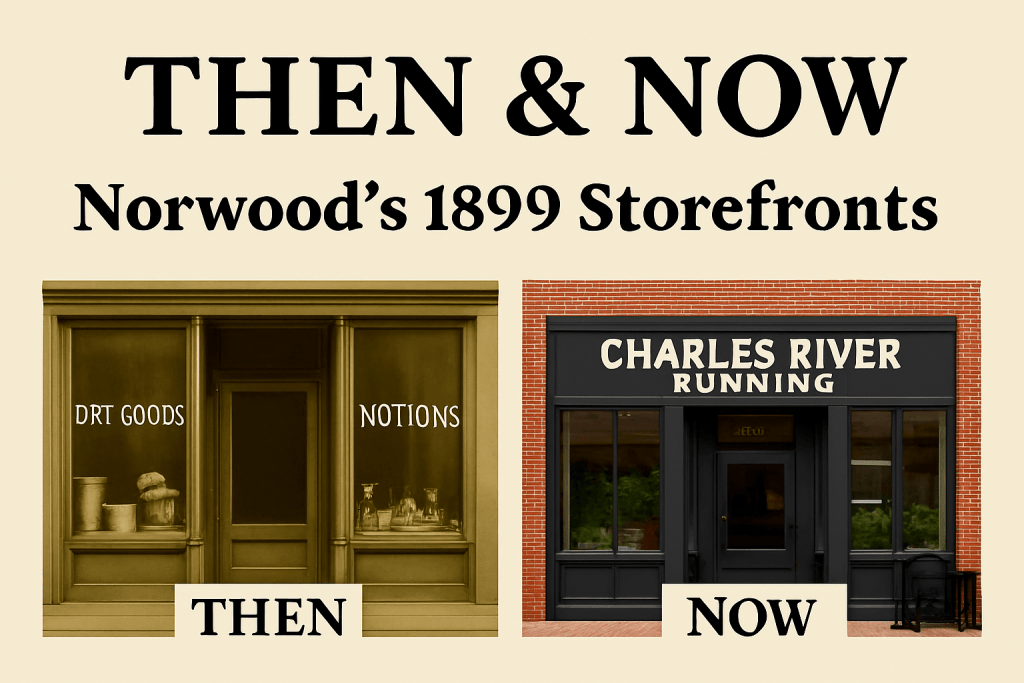 Comparative image showcasing Norwood's storefronts from 1899 alongside the modern 'Charles River Running' store, highlighting the historical transformation of the retail space.