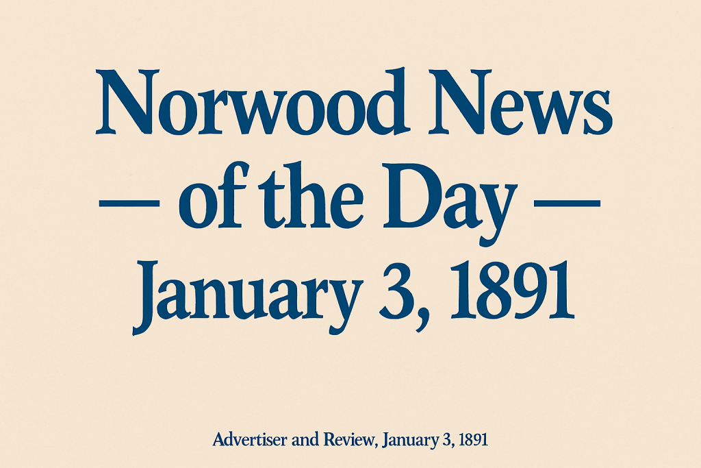 Title card for the Norwood News of the Day, dated January 3, 1891, featuring a decorative design with dark blue text on a light beige background.