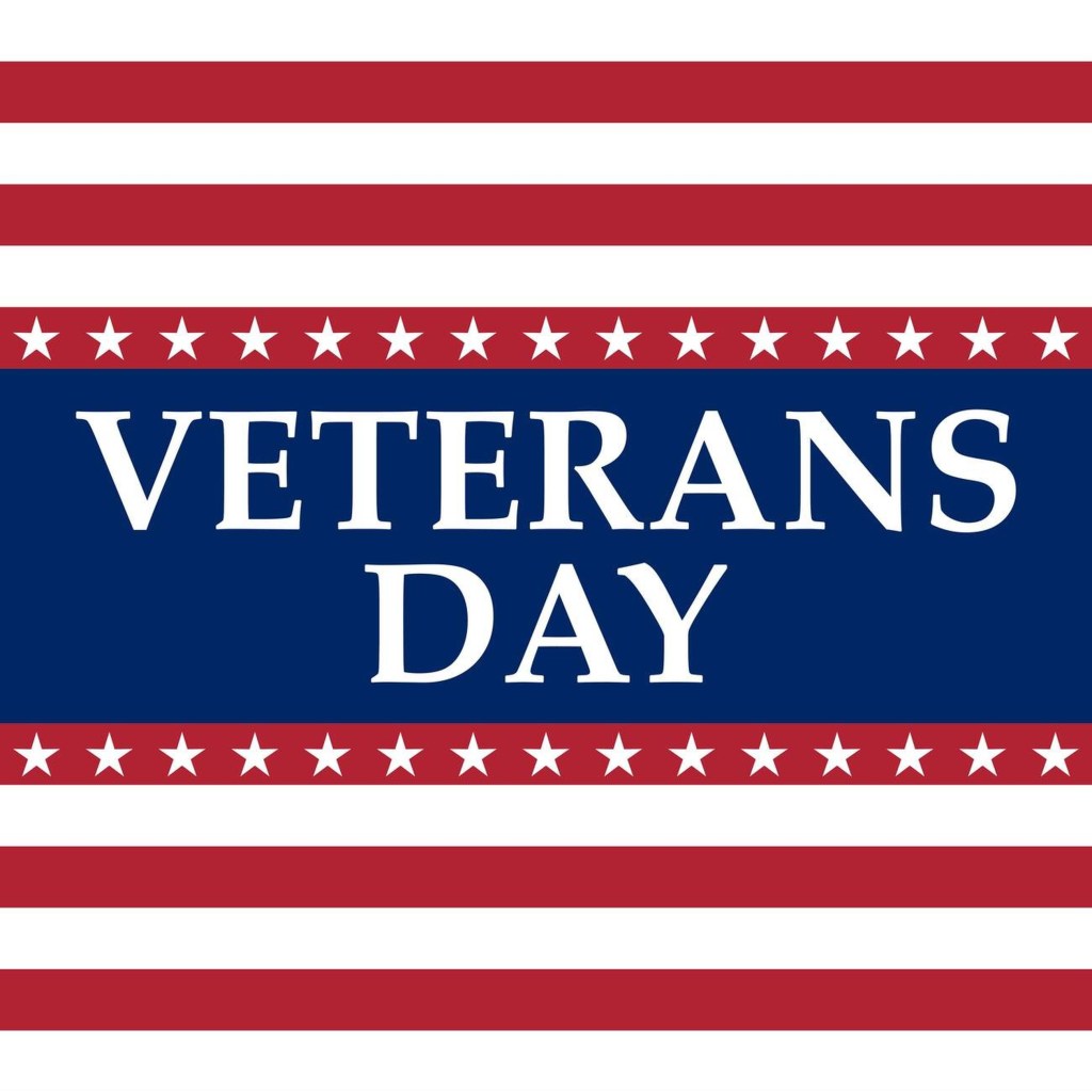 Graphic displaying the words 'VETERANS DAY' with red, white, and blue stripes and star motifs.