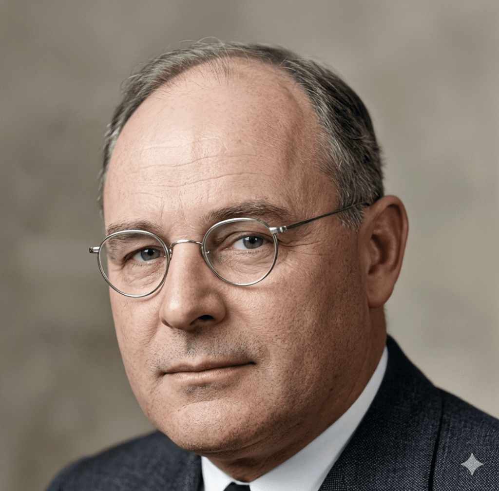 Close-up portrait of a middle-aged man wearing round glasses and a dark suit, with a neutral expression against a soft, blurred background.