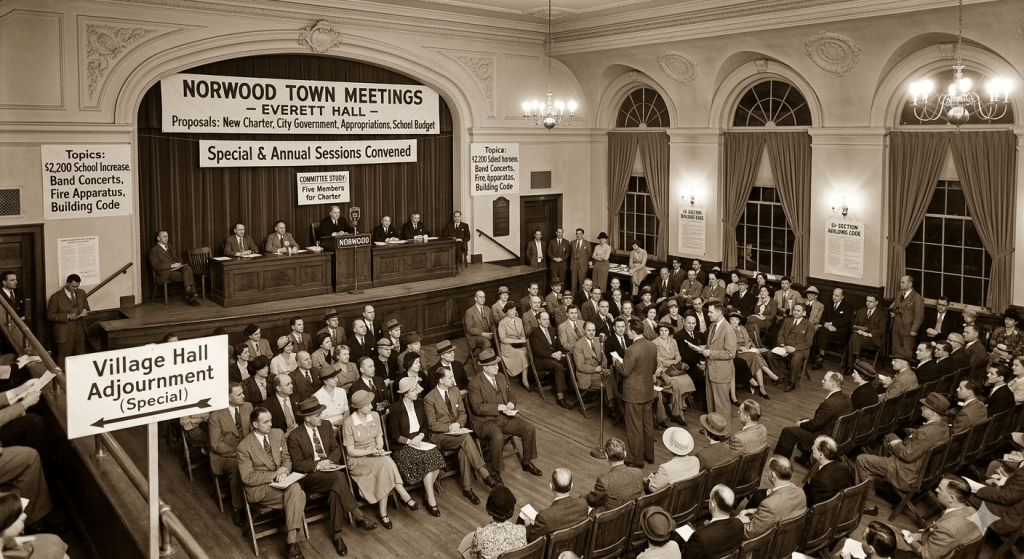 Historic photo of a Norwood Town Meeting at Everett Hall, featuring a speaker addressing a large audience seated in rows, discussing proposals related to a new charter and city government.