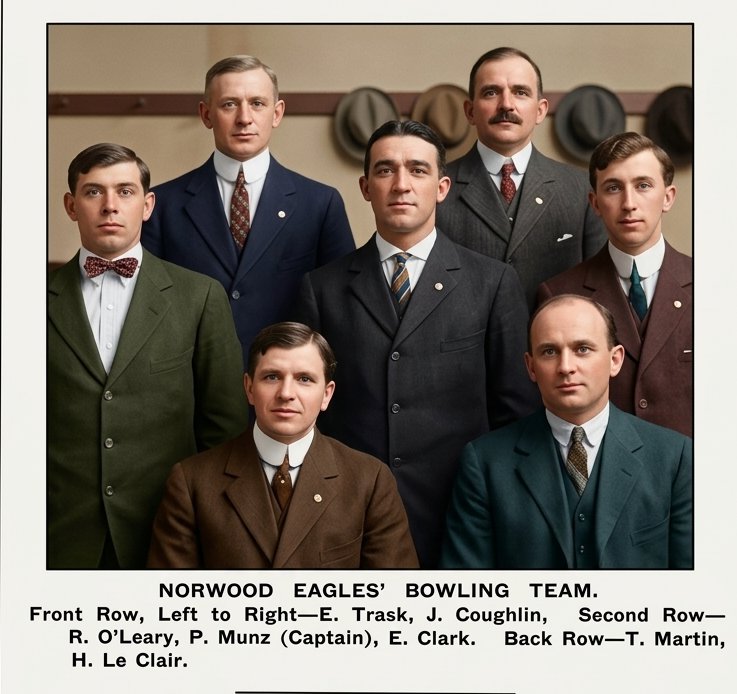 A historical group portrait of the Norwood Eagles' Bowling Team, featuring eight men in formal attire. They are posed in two rows, with names listed below the image.
