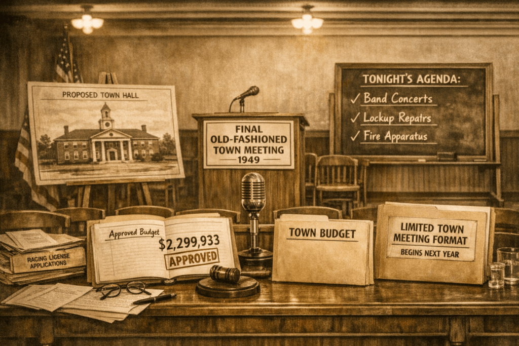 Image of a town meeting setup from 1949, featuring a podium, agenda board, and documents about the proposed town hall and budget.