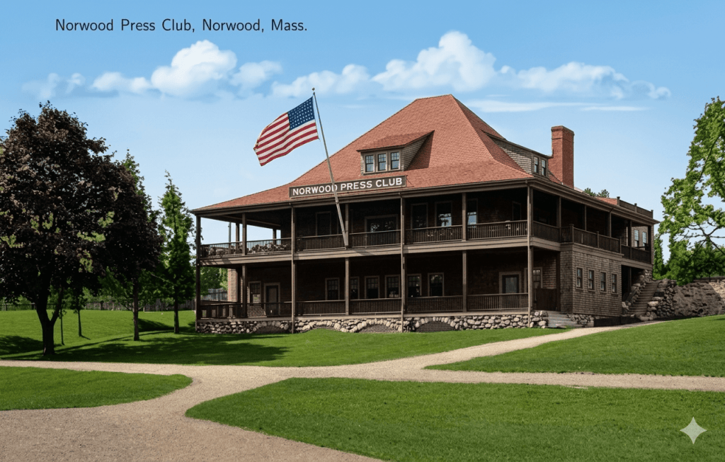 The Norwood Press Club building in Norwood, Massachusetts, featuring a prominent American flag, surrounded by green grass and trees.