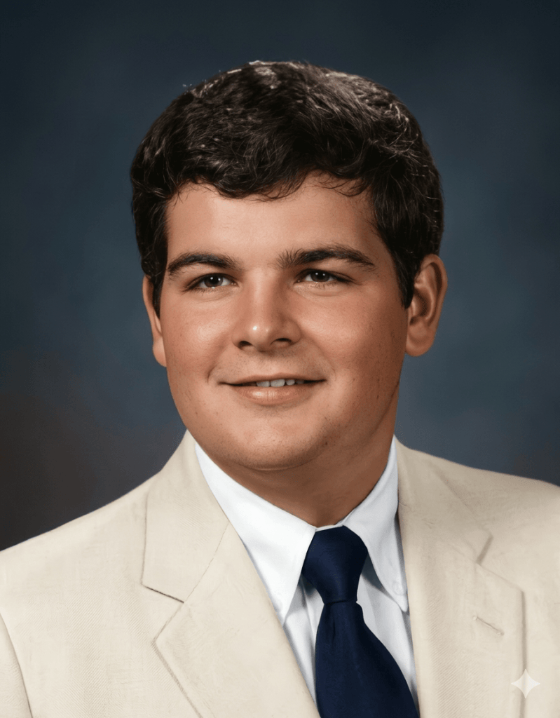 A young man with curly dark hair, wearing a light-colored suit and a navy tie, smiling against a blue background.