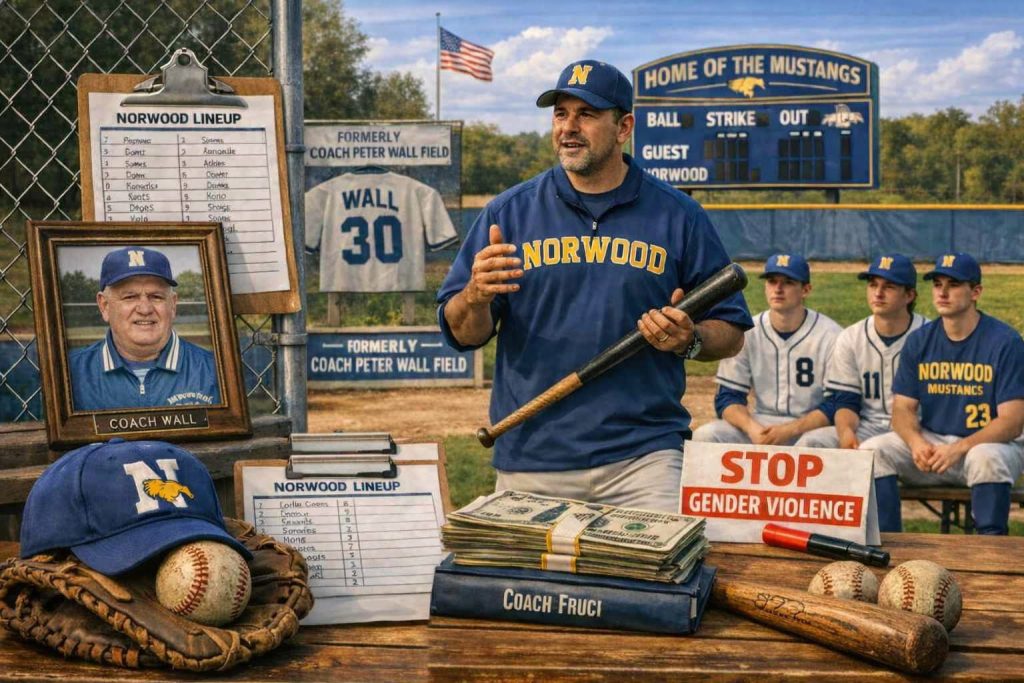 A baseball coach addresses his team at a baseball field, with a framed photo of a former coach, a lineup chart, and a sign promoting awareness against gender violence. The team members are seated in the background, wearing uniforms.