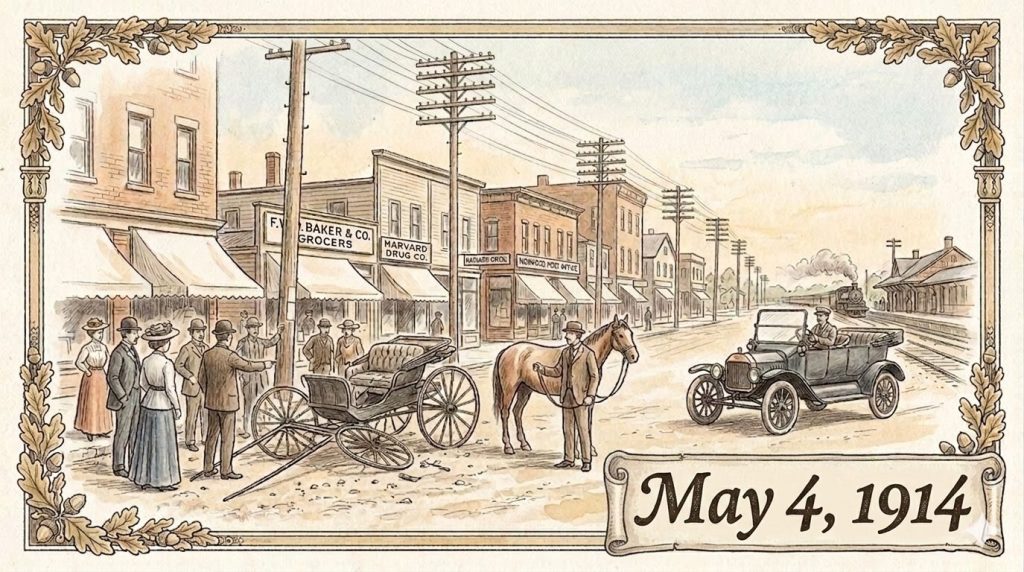A historic street scene from May 4, 1914, featuring a horse and carriage, an early automobile, and pedestrians dressed in early 20th-century attire. Buildings line the street with storefronts visible, along with utility poles and a train in the background.
