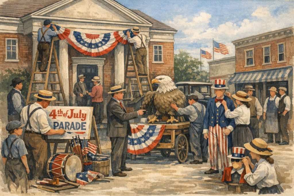 A festive scene depicting a 4th of July parade preparation, with people decorating a building and a cart featuring a large eagle. Individuals are dressed in period attire, setting up decorations and celebrating American pride.