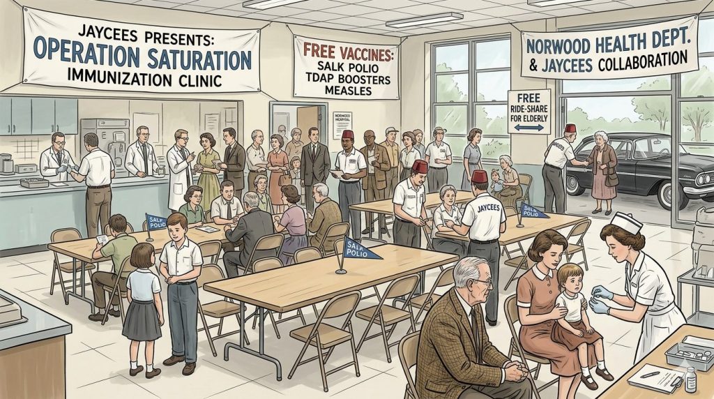 A community immunization clinic scene with banners promoting free vaccines and collaboration between the Norwood Health Department and Jaycees. People of various ages are interacting, with doctors, nurses, and families present in a busy clinic setting.