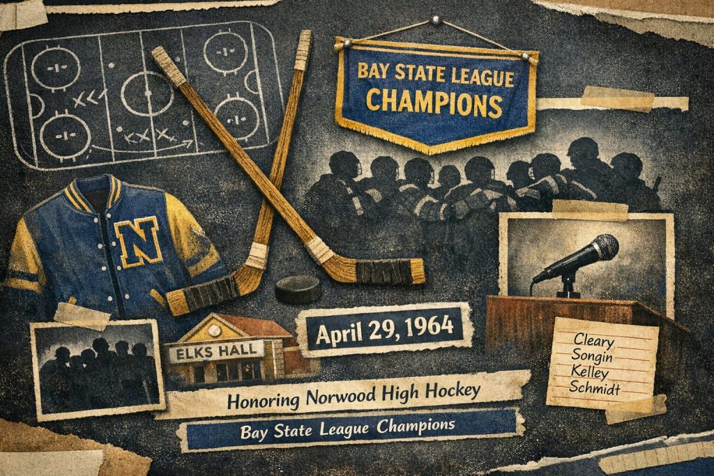 A commemorative collage honoring Norwood High Hockey, featuring a blue and gold varsity jacket, hockey sticks, a microphone, and silhouettes of players. The design includes the text 'Bay State League Champions' and the date 'April 29, 1964,' alongside names Cleary, Songin, Kelley, and Schmidt.