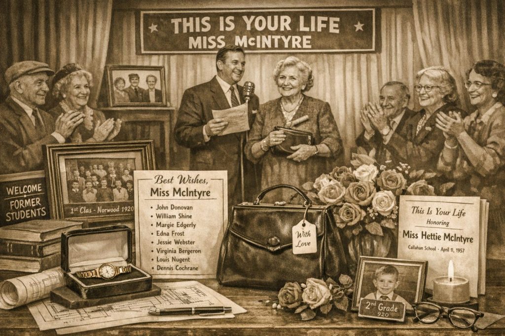 A sepia-toned image of a celebration for Miss Hettie McIntyre, featuring a banner reading 'This Is Your Life Miss McIntyre'. The scene includes a man speaking at a podium, surrounded by former students and colleagues who are clapping and smiling. Various personal items and mementos, such as a watch and a handbag, are displayed on a table along with flowers and photographs.