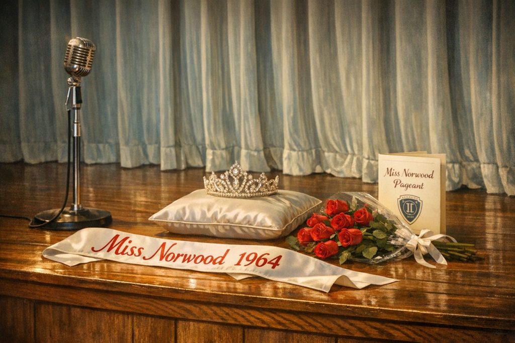 A microphone stands on a wooden stage next to a silver tiara on a cushion, a red rose bouquet, a sash reading 'Miss Norwood 1964', and a program for the Miss Norwood Pageant.