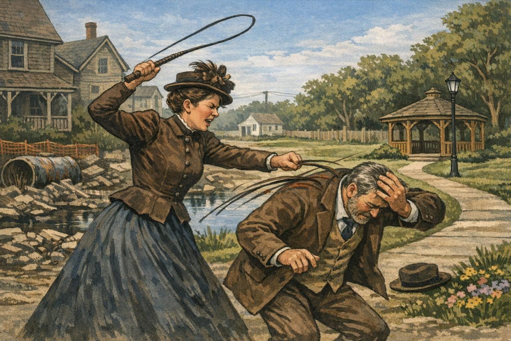 A woman in period clothing, holding a whip, is striking a man, who is trying to shield himself, in a rural setting with houses and a gazebo in the background.