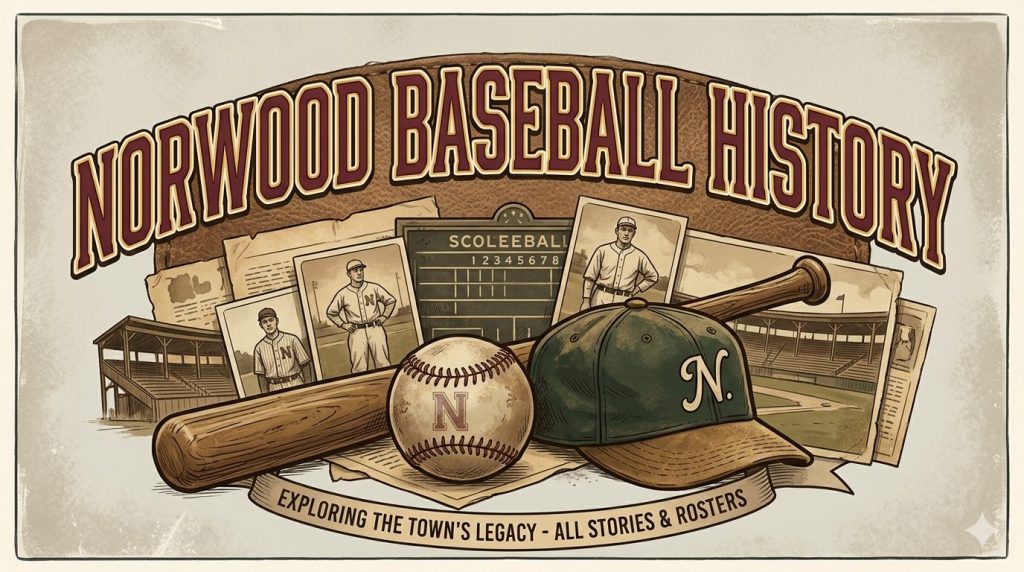 Illustration featuring a baseball, bat, and cap with 'N' logo, surrounded by vintage baseball photographs and a scoreboard, highlighting 'Norwood Baseball History' and exploring the town's legacy.