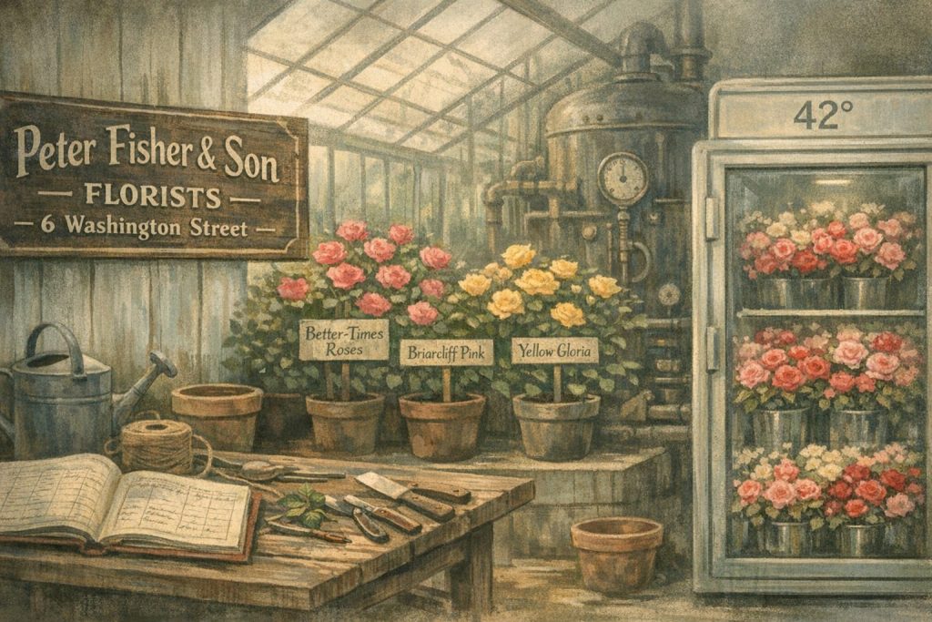 An illustration of a vintage floral shop interior featuring a sign for 'Peter Fisher & Son Florists', a wooden table with gardening tools, a watering can, and an open ledger. There are potted roses labeled 'Better-Times Roses', 'Briarcliff Pink', and 'Yellow Gloria', alongside a glass display fridge filled with colorful roses.
