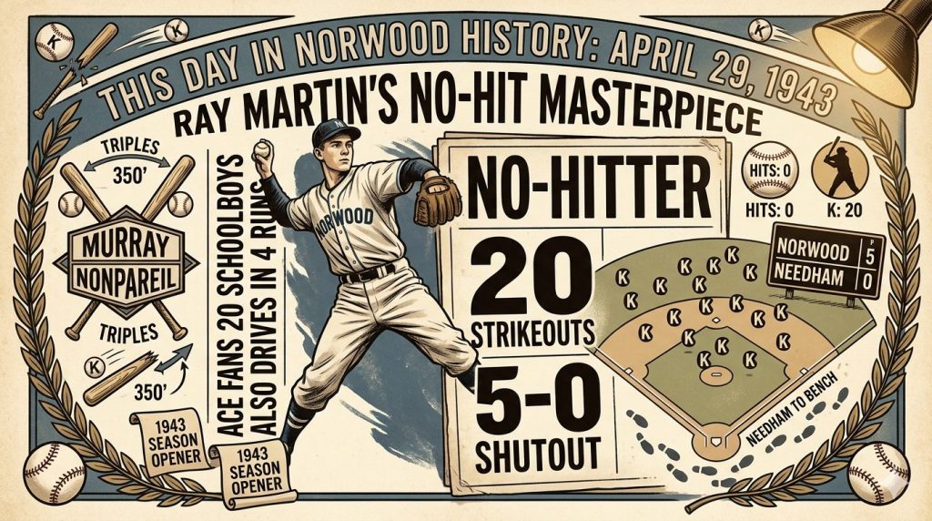 Commemorative poster celebrating Ray Martin's no-hitter on April 29, 1943, featuring key statistics: 20 strikeouts, 5-0 shutout, and details about the game and players involved.