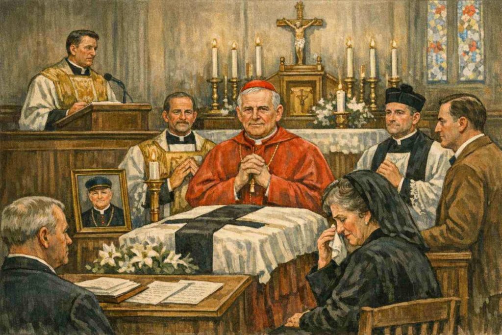 A solemn gathering in a church setting, featuring a cardinal in red robes praying at an altar, surrounded by clergy and mourners. A portrait of a deceased individual is displayed on an easel near a table with a black cloth and white flowers.