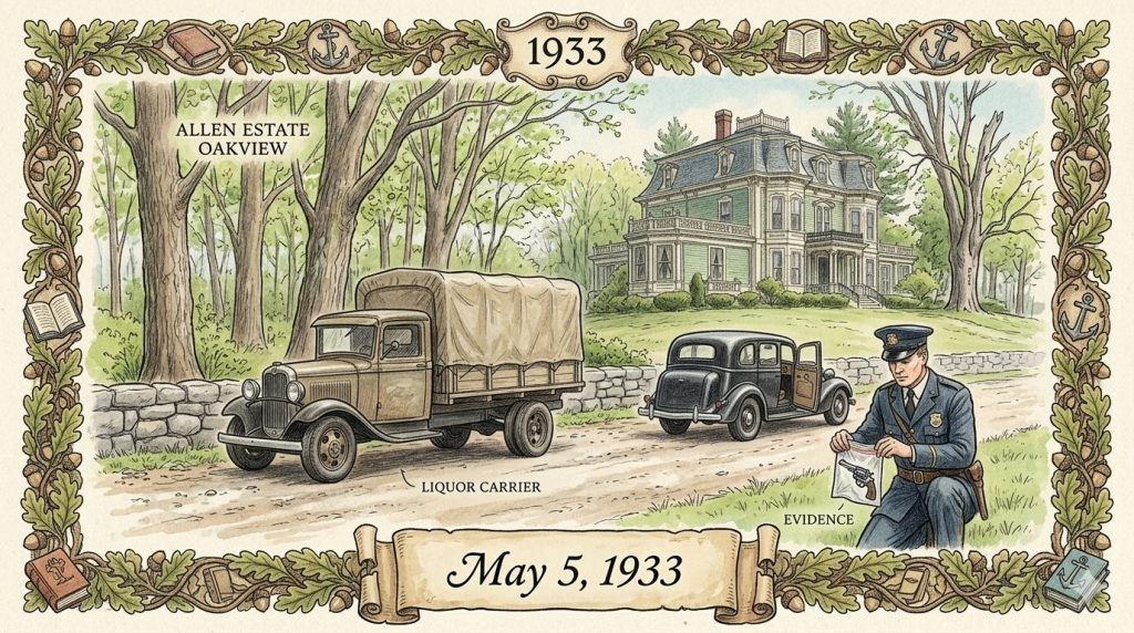 Illustration depicting the Allen Estate in Oakview on May 5, 1933. A vintage liquor carrier truck is parked on a dirt road, while a police officer examines evidence nearby. A classic car is also visible in the scene surrounded by trees.